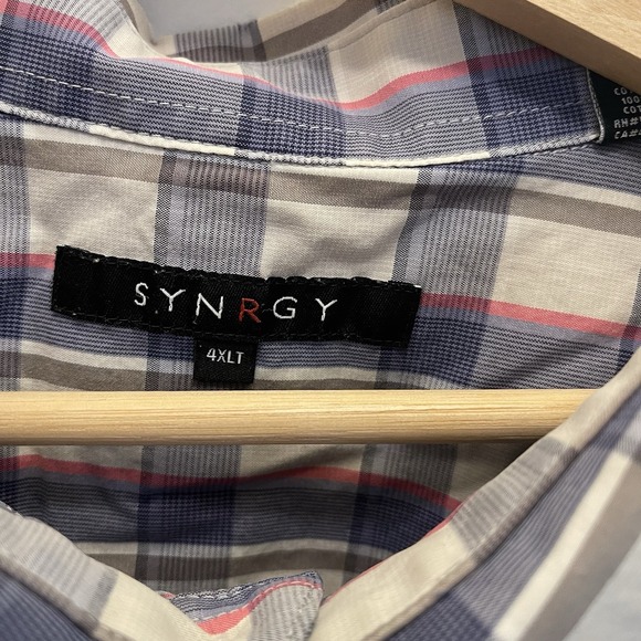Synrgy Button Up Shirt Mens 4XLT Short Sleeve Blue Pink Plaid - Picture 3 of 10